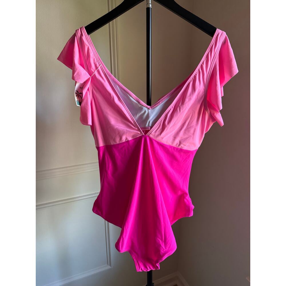 B2PRITY Hot Pink Colorblock Ruffle One Piece Swimsuit XL NWT - Picture 3 of 3